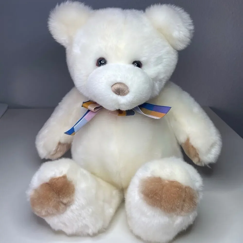 Vintage Gund Snugwell Teddy Bear Plush Large 18” White Cream Brown Plaid Bow